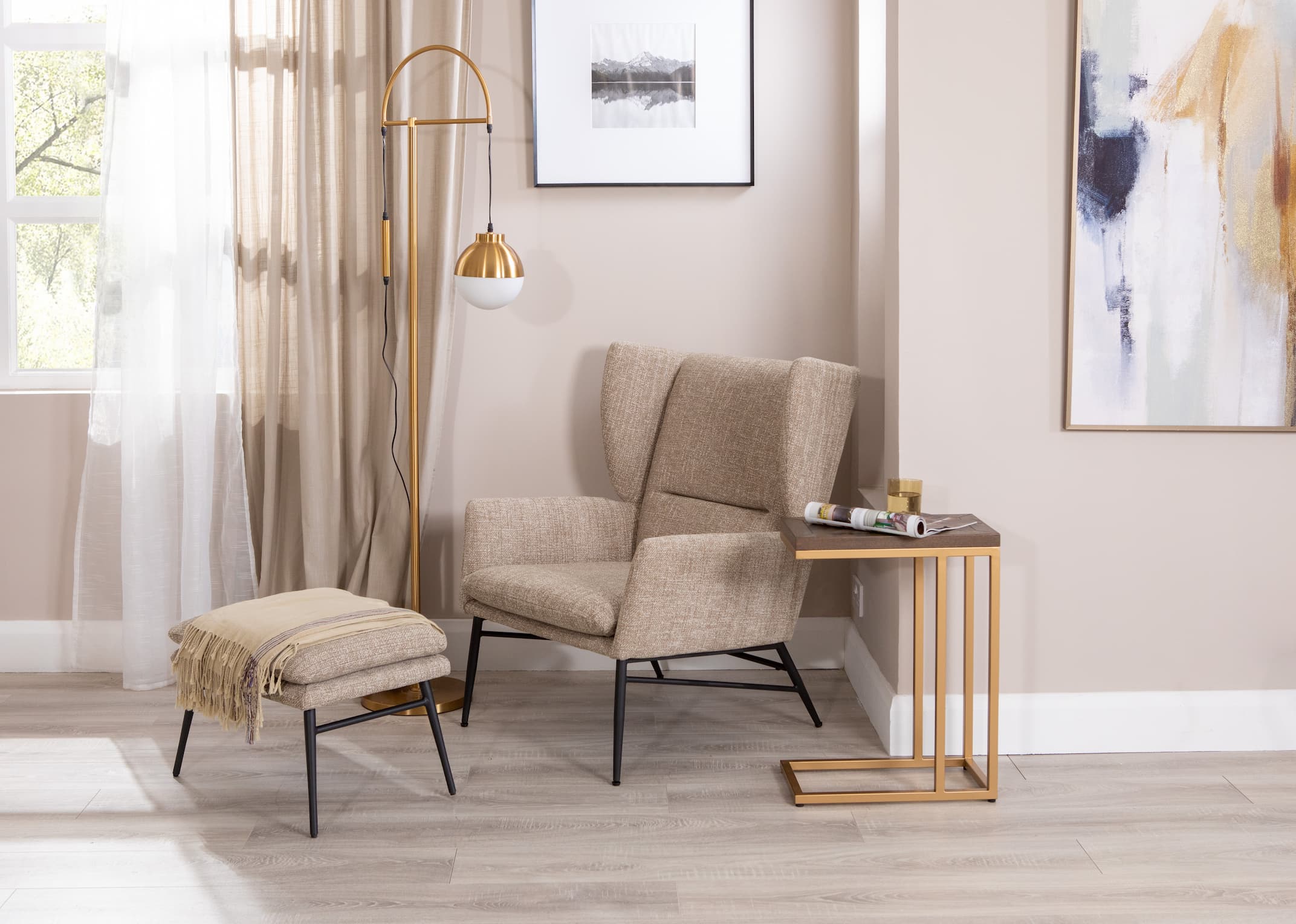 Beige Accent Armchair & Footstool Set - Boston - EZ Living Furniture